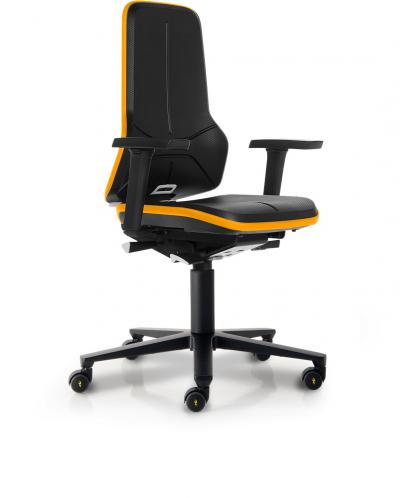 ESD Workplace Chair NEON 2 Multifunction Armrests ESD Work Chair Synchronous Mechanism Integral Foam ESD Flex Strip Orange Soft Castors Bimos Workplace Chairs Interstuhl